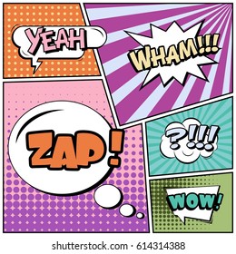 Abstract creative concept comic pop art style blank, layout template with clouds beams and isolated dots background. For sale banner, empty speech bubble set, vector illustration halftone book design