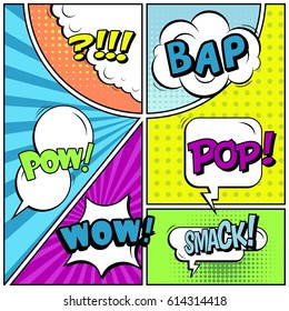 Abstract creative concept comic pop art style blank, layout template with clouds beams and isolated dots background. For sale banner, empty speech bubble set, vector illustration halftone book design