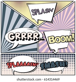 Abstract creative concept comic pop art style blank, layout template with clouds beams and isolated dots background. For sale banner, empty speech bubble set, vector illustration halftone book design