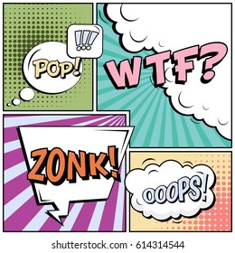 Abstract creative concept comic pop art style blank, layout template with clouds beams and isolated dots background. For sale banner, empty speech bubble set, vector illustration halftone book design
