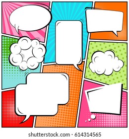 Abstract creative concept comic pop art style blank, layout template with clouds beams and isolated dots background. For sale banner, empty speech bubble set, vector illustration halftone book design