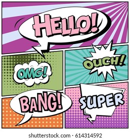 Abstract creative concept comic pop art style blank, layout template with clouds beams and isolated dots background. For sale banner, empty speech bubble set, vector illustration halftone book design