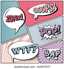 Abstract creative concept comic pop art style blank, layout template with clouds beams and isolated dots background. For sale banner, empty speech bubble set, vector illustration halftone book design