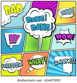 Abstract creative concept comic pop art style blank, layout template with clouds beams and isolated dots background. For sale banner, empty speech bubble set, vector illustration halftone book design