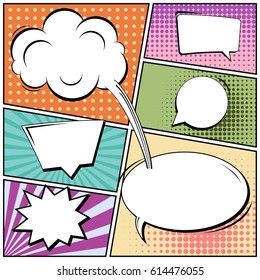 Abstract creative concept comic pop art style blank, layout template with clouds beams and isolated dots background. For sale banner, empty speech bubble set, vector illustration halftone book design