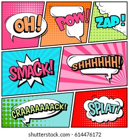 Abstract creative concept comic pop art style blank, layout template with clouds beams and isolated dots background. For sale banner, empty speech bubble set, vector illustration halftone book design