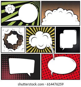 Abstract creative concept comic pop art style blank, layout template with clouds beams and isolated dots background. For sale banner, empty speech bubble set, vector illustration halftone book design