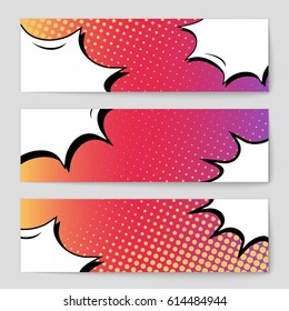 Abstract creative concept comic pop art style blank, layout template with clouds beams and isolated dots background. For sale banner, empty speech bubble set, vector illustration halftone book design