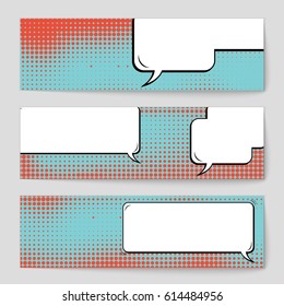 Abstract creative concept comic pop art style blank, layout template with clouds beams and isolated dots background. For sale banner, empty speech bubble set, vector illustration halftone book design