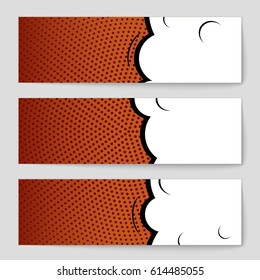 Abstract creative concept comic pop art style blank, layout template with clouds beams and isolated dots background. For sale banner, empty speech bubble set, vector illustration halftone book design