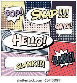 Abstract creative concept comic pop art style blank, layout template with clouds beams and isolated dots background. For sale banner, empty speech bubble set, vector illustration halftone book design