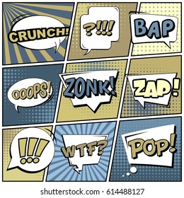 Abstract creative concept comic pop art style blank, layout template with clouds beams and isolated dots background. For sale banner, empty speech bubble set, vector illustration halftone book design