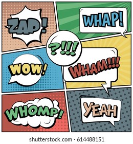 Abstract creative concept comic pop art style blank, layout template with clouds beams and isolated dots background. For sale banner, empty speech bubble set, vector illustration halftone book design