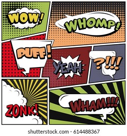 Abstract creative concept comic pop art style blank, layout template with clouds beams and isolated dots background. For sale banner, empty speech bubble set, vector illustration halftone book design