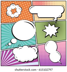 Abstract creative concept comic pop art style blank, layout template with clouds beams and isolated dots background. For sale banner, empty speech bubble set, vector illustration halftone book design