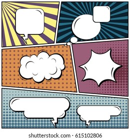 Abstract creative concept comic pop art style blank, layout template with clouds beams and isolated dots background. For sale banner, empty speech bubble set, vector illustration halftone book design
