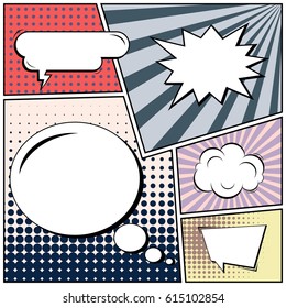 Abstract creative concept comic pop art style blank, layout template with clouds beams and isolated dots background. For sale banner, empty speech bubble set, vector illustration halftone book design