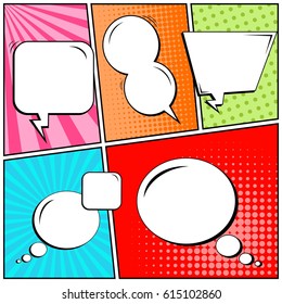 Abstract creative concept comic pop art style blank, layout template with clouds beams and isolated dots background. For sale banner, empty speech bubble set, vector illustration halftone book design