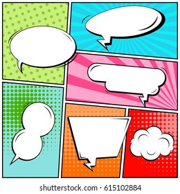 Abstract creative concept comic pop art style blank, layout template with clouds beams and isolated dots background. For sale banner, empty speech bubble set, vector illustration halftone book design