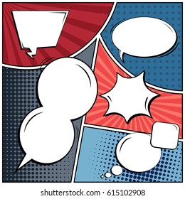 Abstract creative concept comic pop art style blank, layout template with clouds beams and isolated dots background. For sale banner, empty speech bubble set, vector illustration halftone book design