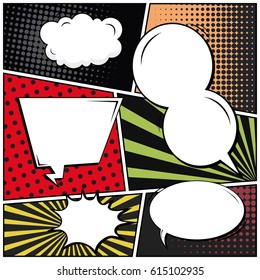 Abstract creative concept comic pop art style blank, layout template with clouds beams and isolated dots background. For sale banner, empty speech bubble set, vector illustration halftone book design