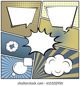Abstract creative concept comic pop art style blank, layout template with clouds beams and isolated dots background. For sale banner, empty speech bubble set, vector illustration halftone book design