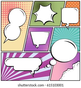 Abstract creative concept comic pop art style blank, layout template with clouds beams and isolated dots background. For sale banner, empty speech bubble set, vector illustration halftone book design