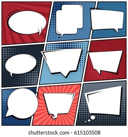 Abstract creative concept comic pop art style blank, layout template with clouds beams and isolated dots background. For sale banner, empty speech bubble set, vector illustration halftone book design