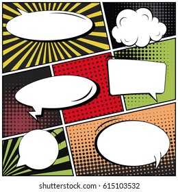 Abstract creative concept comic pop art style blank, layout template with clouds beams and isolated dots background. For sale banner, empty speech bubble set, vector illustration halftone book design
