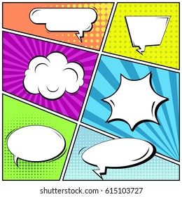 Abstract creative concept comic pop art style blank, layout template with clouds beams and isolated dots background. For sale banner, empty speech bubble set, vector illustration halftone book design