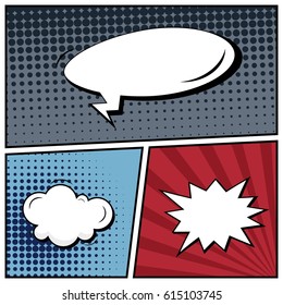Abstract creative concept comic pop art style blank, layout template with clouds beams and isolated dots background. For sale banner, empty speech bubble set, vector illustration halftone book design