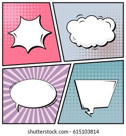 Abstract creative concept comic pop art style blank, layout template with clouds beams and isolated dots background. For sale banner, empty speech bubble set, vector illustration halftone book design