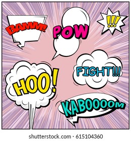 Abstract creative concept comic pop art style blank, layout template with clouds beams and isolated dots background. For sale banner, empty speech bubble set, vector illustration halftone book design