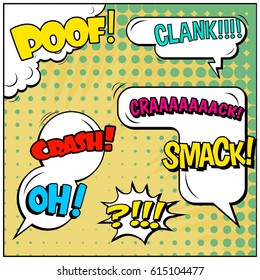 Abstract creative concept comic pop art style blank, layout template with clouds beams and isolated dots background. For sale banner, empty speech bubble set, vector illustration halftone book design