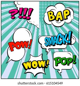 Abstract creative concept comic pop art style blank, layout template with clouds beams and isolated dots background. For sale banner, empty speech bubble set, vector illustration halftone book design