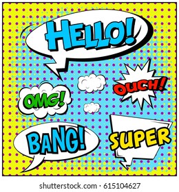 Abstract creative concept comic pop art style blank, layout template with clouds beams and isolated dots background. For sale banner, empty speech bubble set, vector illustration halftone book design