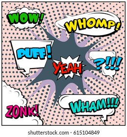 Abstract creative concept comic pop art style blank, layout template with clouds beams and isolated dots background. For sale banner, empty speech bubble set, vector illustration halftone book design