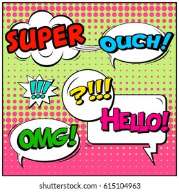 Abstract creative concept comic pop art style blank, layout template with clouds beams and isolated dots background. For sale banner, empty speech bubble set, vector illustration halftone book design