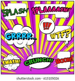 Abstract creative concept comic pop art style blank, layout template with clouds beams and isolated dots background. For sale banner, empty speech bubble set, vector illustration halftone book design