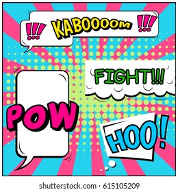 Abstract creative concept comic pop art style blank, layout template with clouds beams and isolated dots background. For sale banner, empty speech bubble set, vector illustration halftone book design
