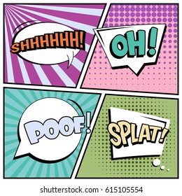Abstract creative concept comic pop art style blank, layout template with clouds beams and isolated dots background. For sale banner, empty speech bubble set, vector illustration halftone book design
