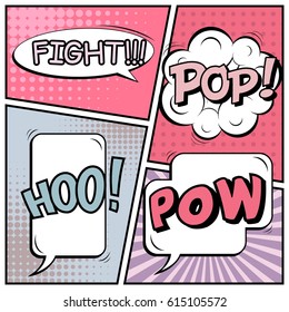 Abstract creative concept comic pop art style blank, layout template with clouds beams and isolated dots background. For sale banner, empty speech bubble set, vector illustration halftone book design