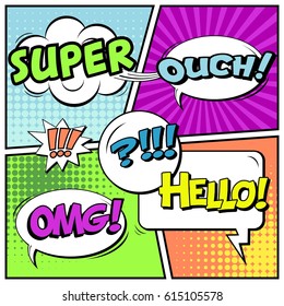 Abstract creative concept comic pop art style blank, layout template with clouds beams and isolated dots background. For sale banner, empty speech bubble set, vector illustration halftone book design