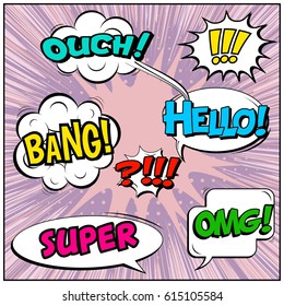 Abstract creative concept comic pop art style blank, layout template with clouds beams and isolated dots background. For sale banner, empty speech bubble set, vector illustration halftone book design