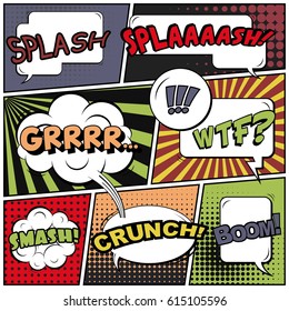 Abstract creative concept comic pop art style blank, layout template with clouds beams and isolated dots background. For sale banner, empty speech bubble set, vector illustration halftone book design