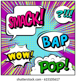 Abstract creative concept comic pop art style blank, layout template with clouds beams and isolated dots background. For sale banner, empty speech bubble set, vector illustration halftone book design