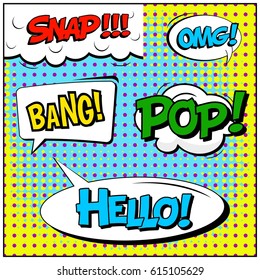 Abstract creative concept comic pop art style blank, layout template with clouds beams and isolated dots background. For sale banner, empty speech bubble set, vector illustration halftone book design
