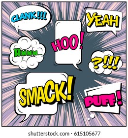 Abstract creative concept comic pop art style blank, layout template with clouds beams and isolated dots background. For sale banner, empty speech bubble set, vector illustration halftone book design