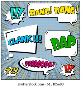 Abstract creative concept comic pop art style blank, layout template with clouds beams and isolated dots background. For sale banner, empty speech bubble set, vector illustration halftone book design