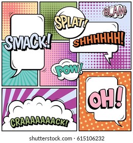 Abstract creative concept comic pop art style blank, layout template with clouds beams and isolated dots background. For sale banner, empty speech bubble set, vector illustration halftone book design